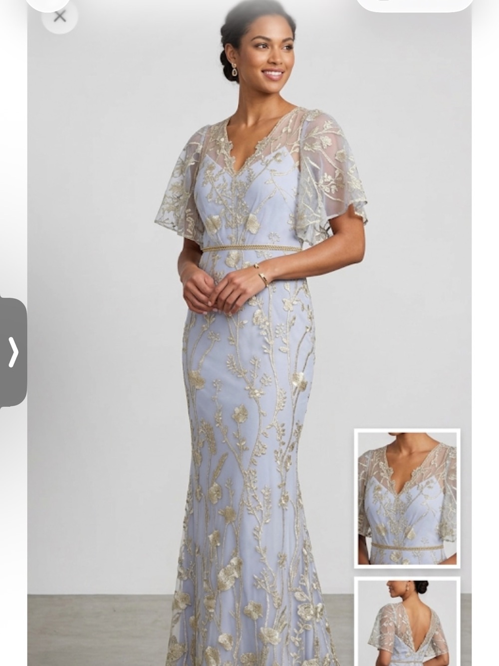 Elegant Silver-Gray Embroidered Wedding Dress with Gold Lace Overlay